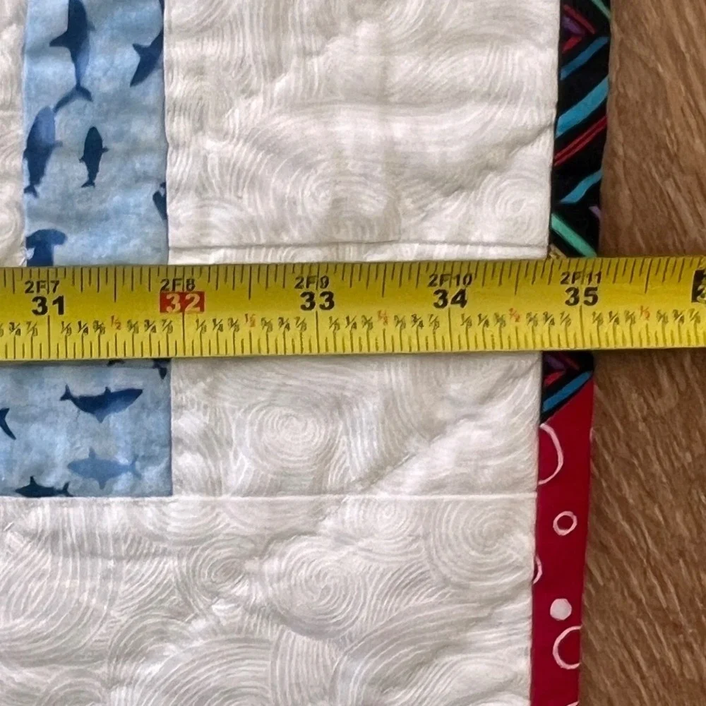 Handmade Quilted Wall Hanging Small Blanket Colorful Houses Dog Shark Border